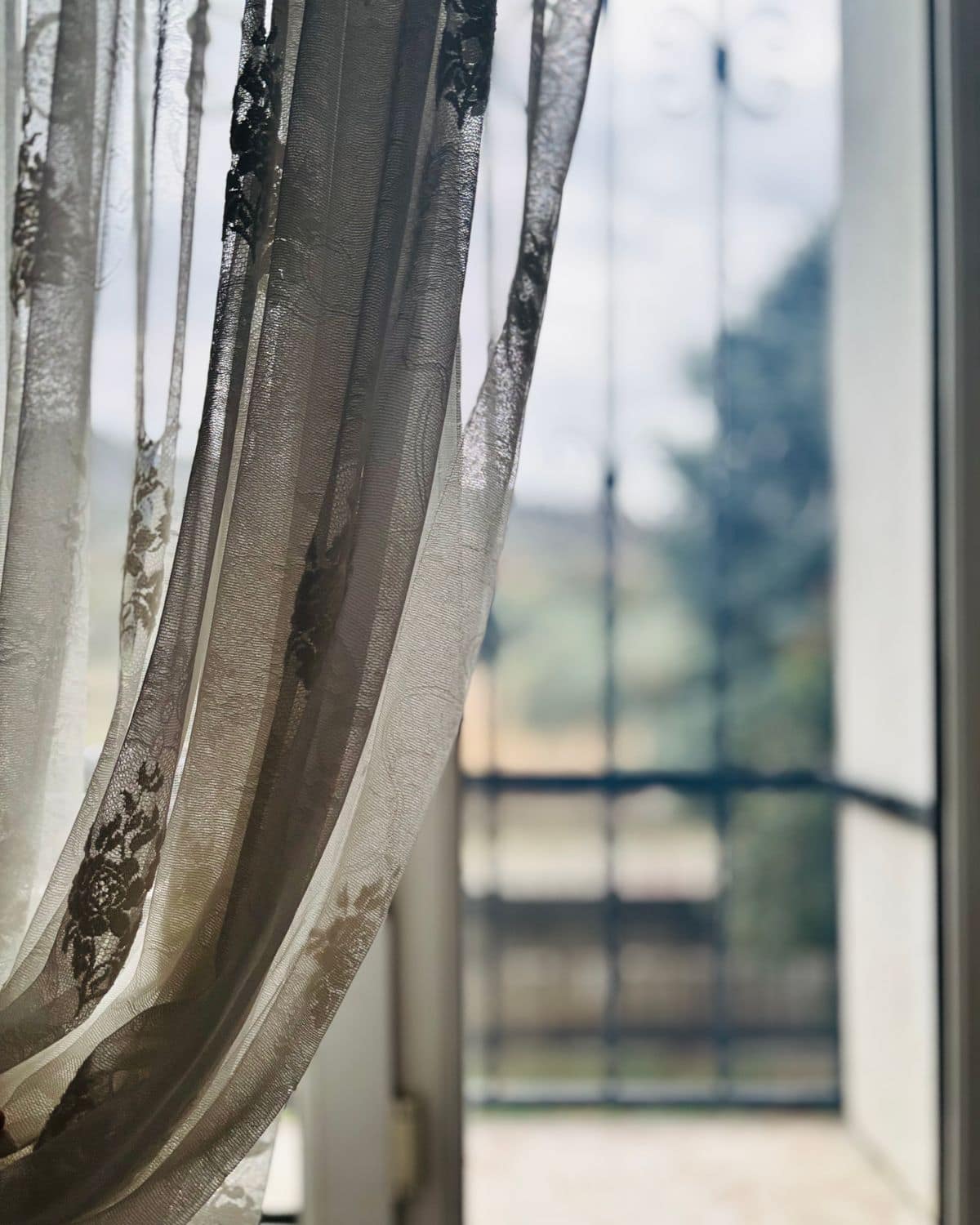 Pencere önünde ışığı süzen dantelli beyaz tül perde